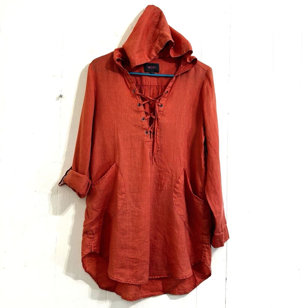 Forcynthia Beachwear Linen Hooded Tunic Top Size Small Orange Lace Up Cover Up